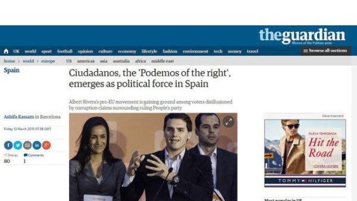 El artículo dedicado a Ciutadans y Albert Rivera, en 'The Guardian', este viernes.