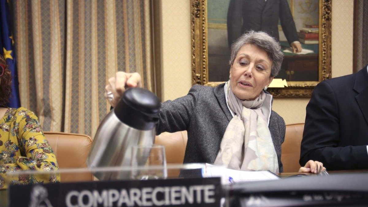 La administradora provisional única de RTVE, Rosa María Mateo, durante su comparecencia por su sociedad patrimonial en el Congreso.