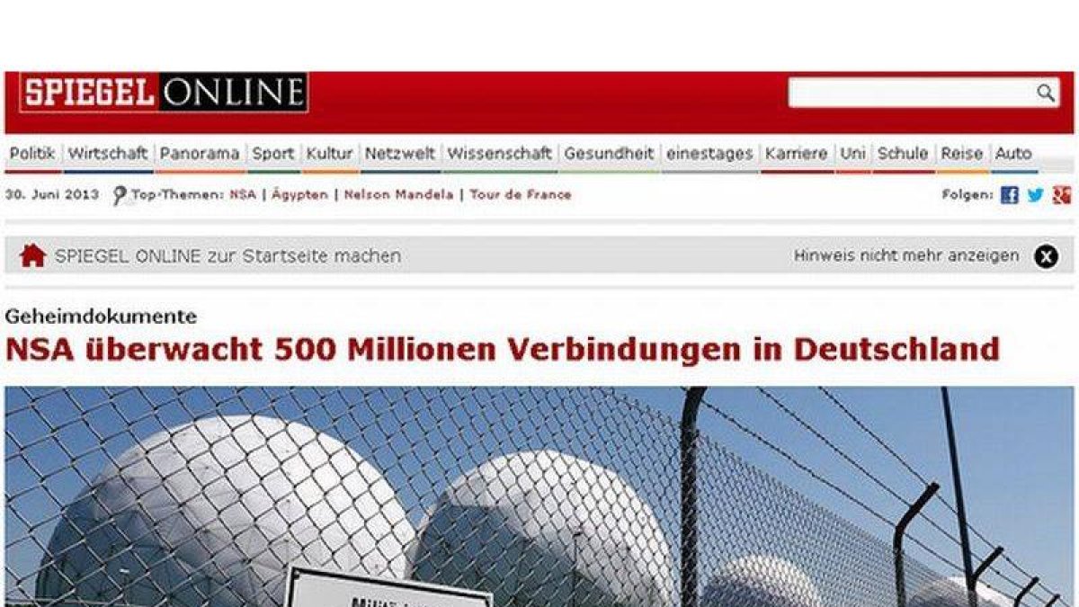 La portada de la web de 'Der Spiegel' sobre el espionaje de EEUU en Alemania.