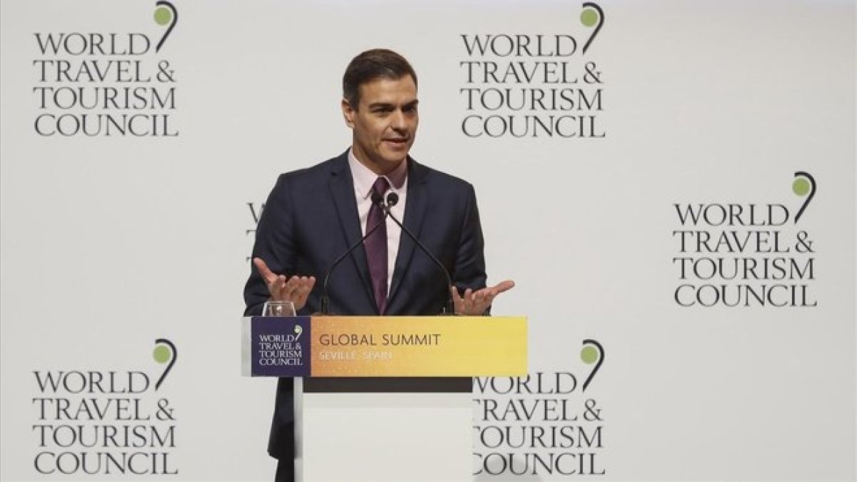 Pedro Sánchez, durante su intervención en la Cumbre del Consejo Mundial de Viajes y Turismo.