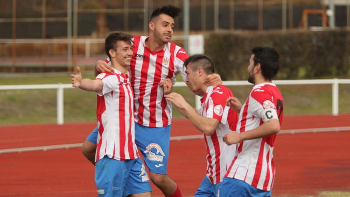 El equipo rojiblanco celebra una importante victoria frente al equipo abulense. L. DE LA MATA