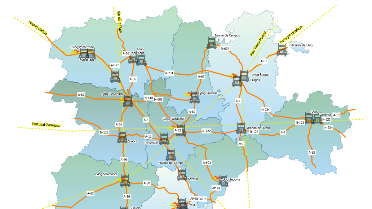 Mapa de áreas de estacionamientos para camiones seguras y protegidas. JCYL