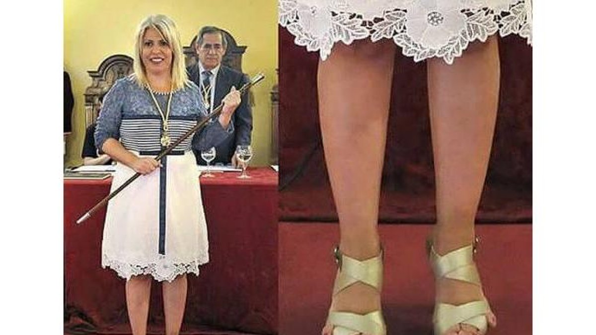 La alcaldesa de Jerez, Mamen Sánchez, el día de la investidura. A la derecha, detalle de sus zapatos.