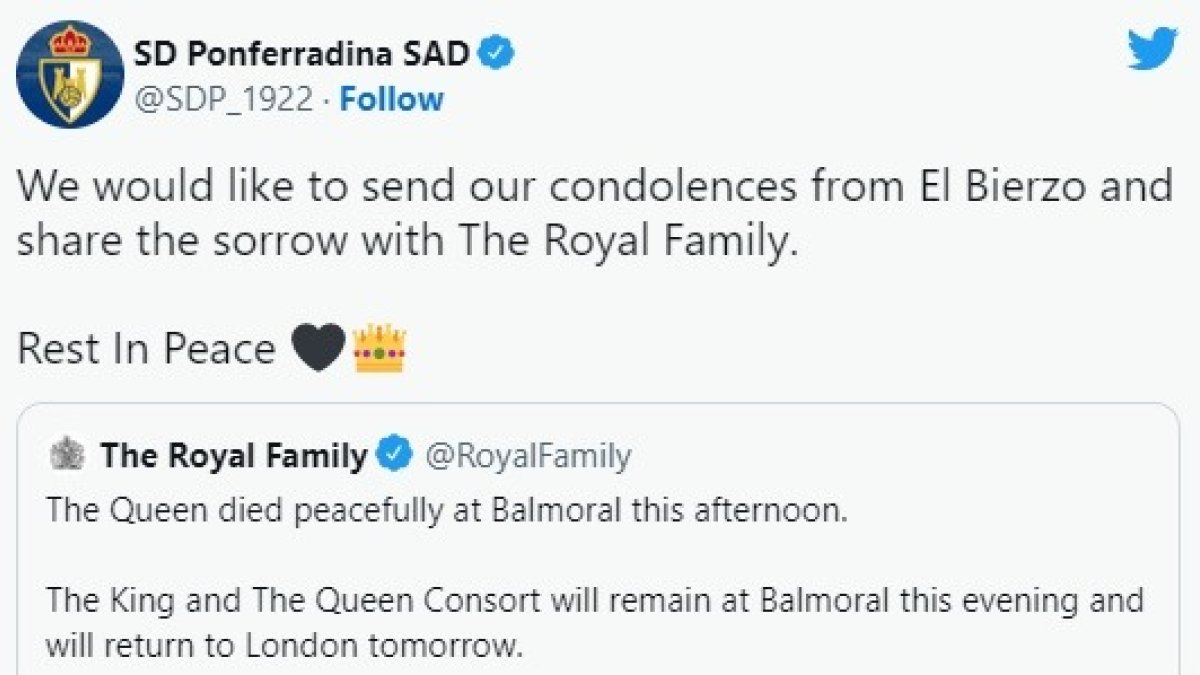 Tuit de la Ponferradina en el que muestra sus condolencias a la famlia real británica. TWITTER