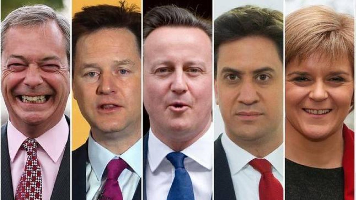 De izquierda a derecha, Nigel Farage, Nick Clegg, David Cameron, Ed Miliband y Nicola Sturgeon.
