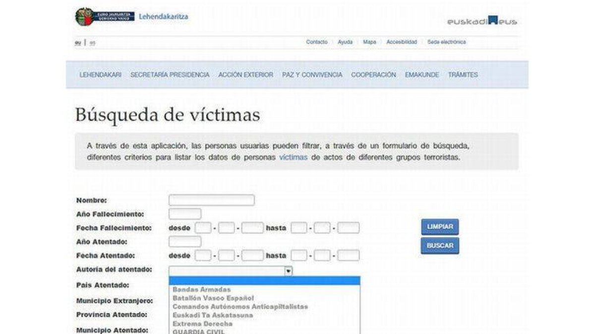 Captura de la web de la Lendekaritza en la que aparece el listado de "grupos terroristas", con la Guardia Civil entre ellos.