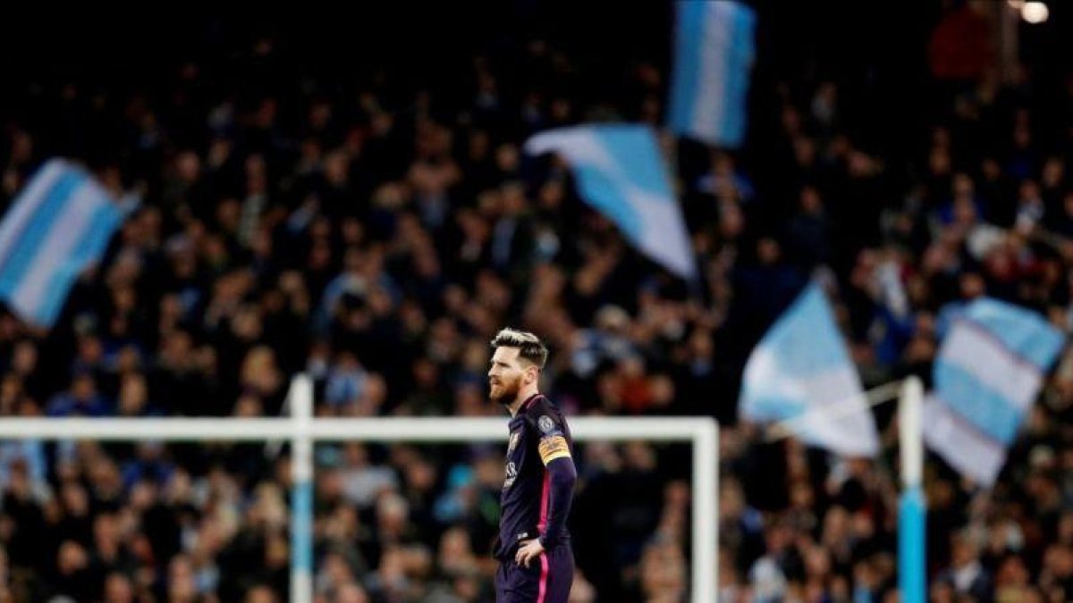 El delantero azulgrana Messi, durante el partido de la Champions Manchester City-Barça.