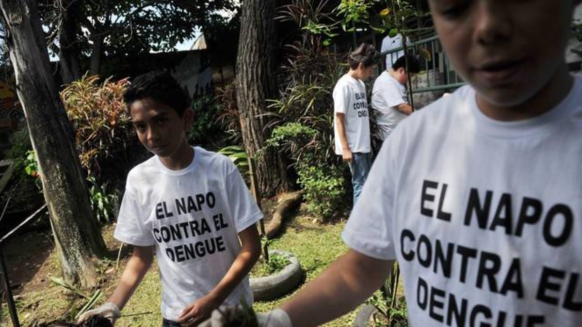 Un grupo de estudiantes de una escuela de San José eliminan posibles focos de cria del mosquito transmisor del dengue.