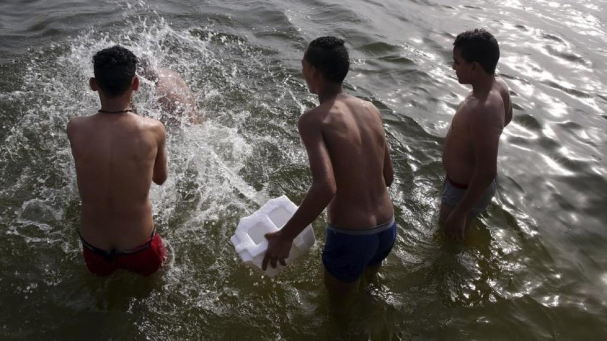 Varias perosnas nadan en un lago de El Cairo este miércoles por la ola de calor.