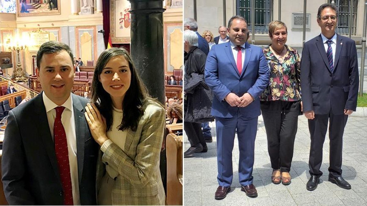 Los diputados socialistas por León Javier Alfonso Cendón,  Andrea Fernández y los senadores Salvador Vidal, Carmen Morán y Tino Marcos esta mañana en el Congreso y el Senado, respectivamente.