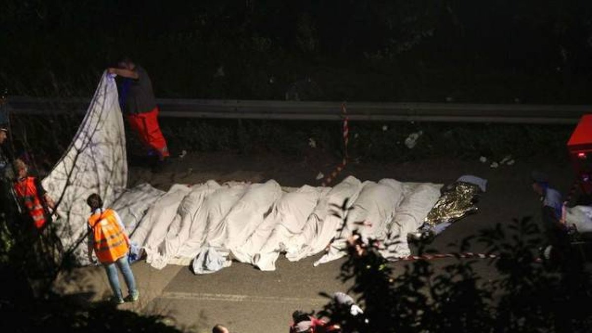 Algunos de los cadáveres yacen sobre el asfalto de la autopista.