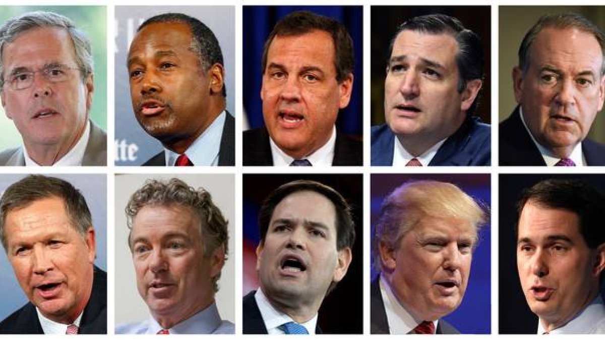 Los candidatos republicanos. De izquierda a derecha, Jeb Bush, Ben Carson, Chris Christie, Ted Cruz, Mike Huckabee, John Kasich, Rand Paul, Marco Rubio, Donald Trump, Scott Walker.