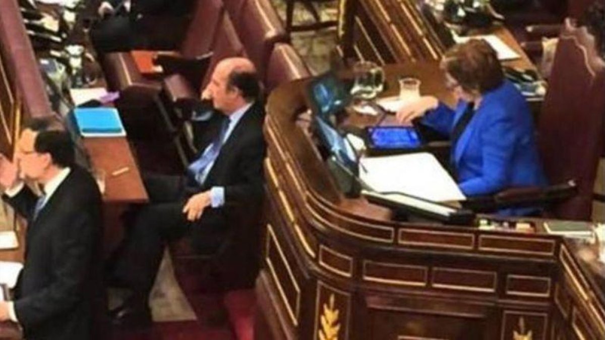 Celia Villalobos (PP) juega con una tablet en la tribuna del Congreso de los Diputados, en febrero del año pasado.