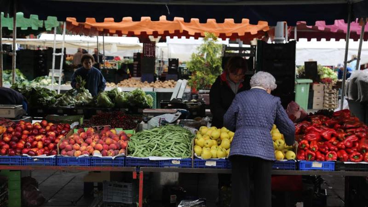 Escena cotidiana del mercado tradicional de frutas, verduras y otros productos que la Plaza Mayor leonesa acoge dos veces por semana