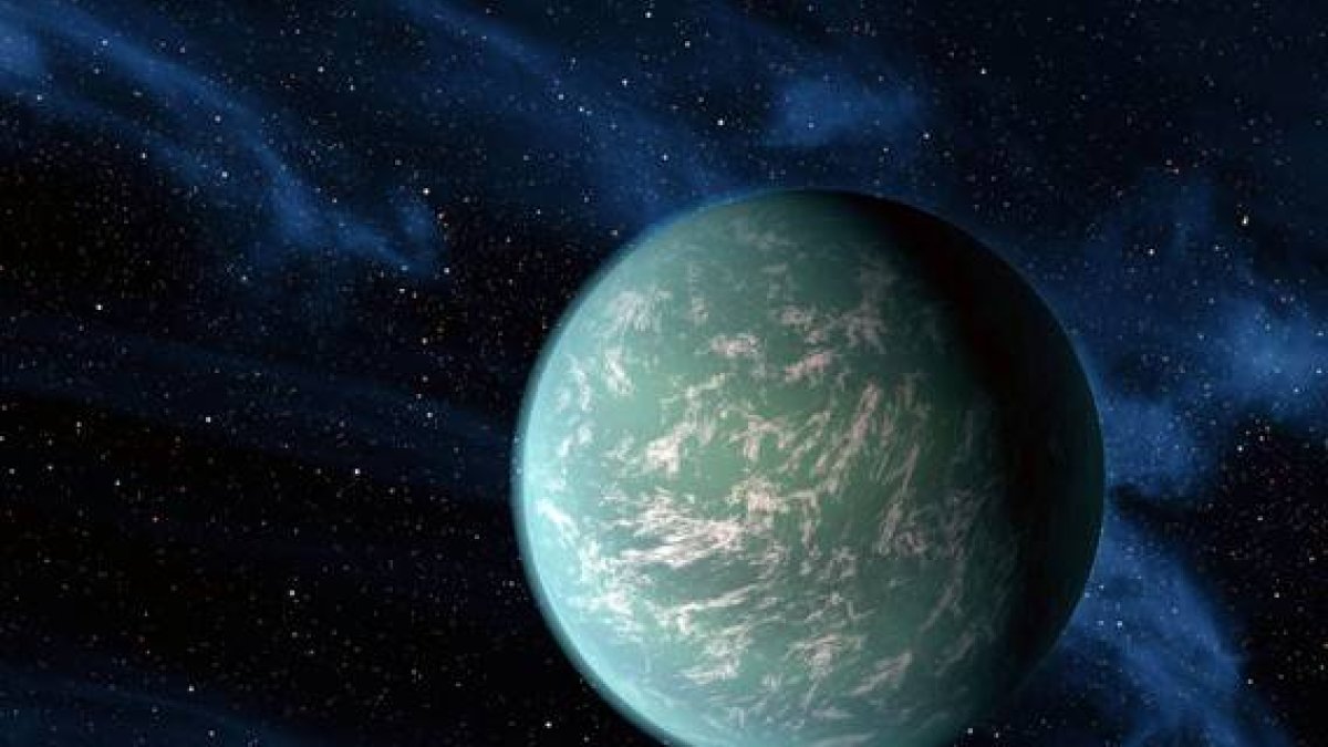 Recreación artística de un exoplaneta en el sistema Kepler-22, a unos 600 años luz.