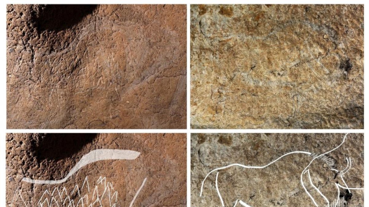 Fotografías facilitadas por la Diputación de Bizkaia, de dos de los 70 grabados de animales del paleolítico superior que un grupo de arqueólogos de la Diputación de Bizkaia han hallado en la cueva de Atxurra.