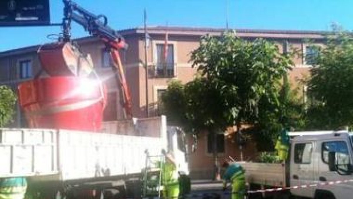 Foto facilitada por el PSOE que muestra la retirada de la maceta, ya sin magnolio.
