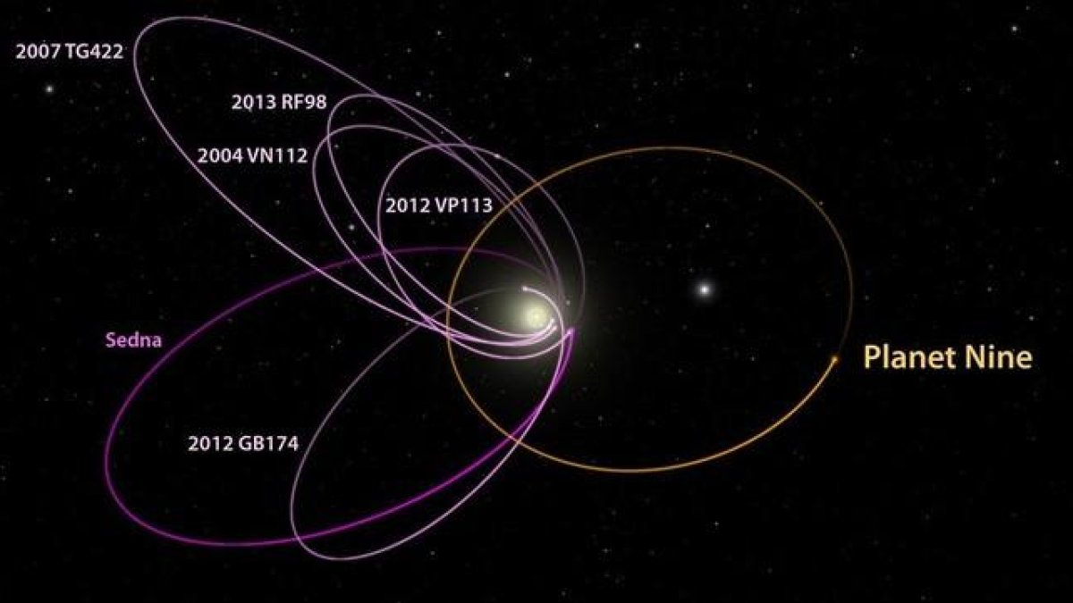 Orbita estimada del supuesto planeta nueve o noveno planeta del sistema solar, junto a la de otros objetos del cinturon de Kuiper.