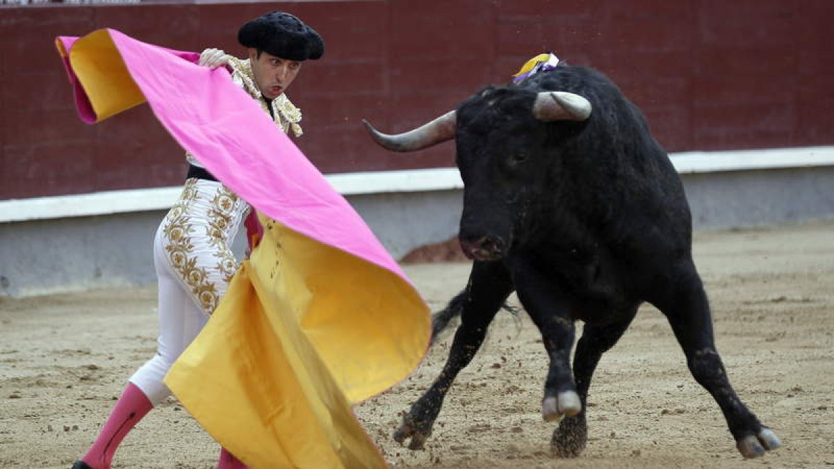 El torero leonés, recibiendo con el capote al primero de su lote, ayer, en su comparecencia en la plaza de Las Ventas.