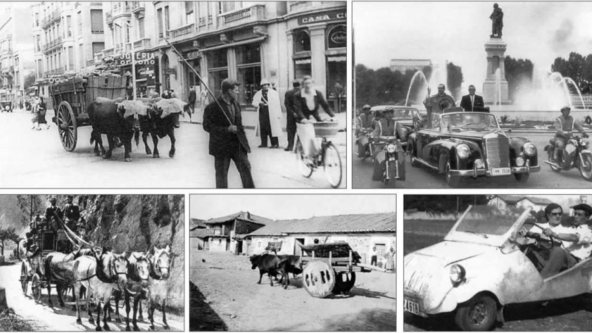 Carro atravesando Ordoño en 1950; visita del cardenál Landázuri a León en 1964, diligencia de Alsa, carro chillón y el célebre biscúter.