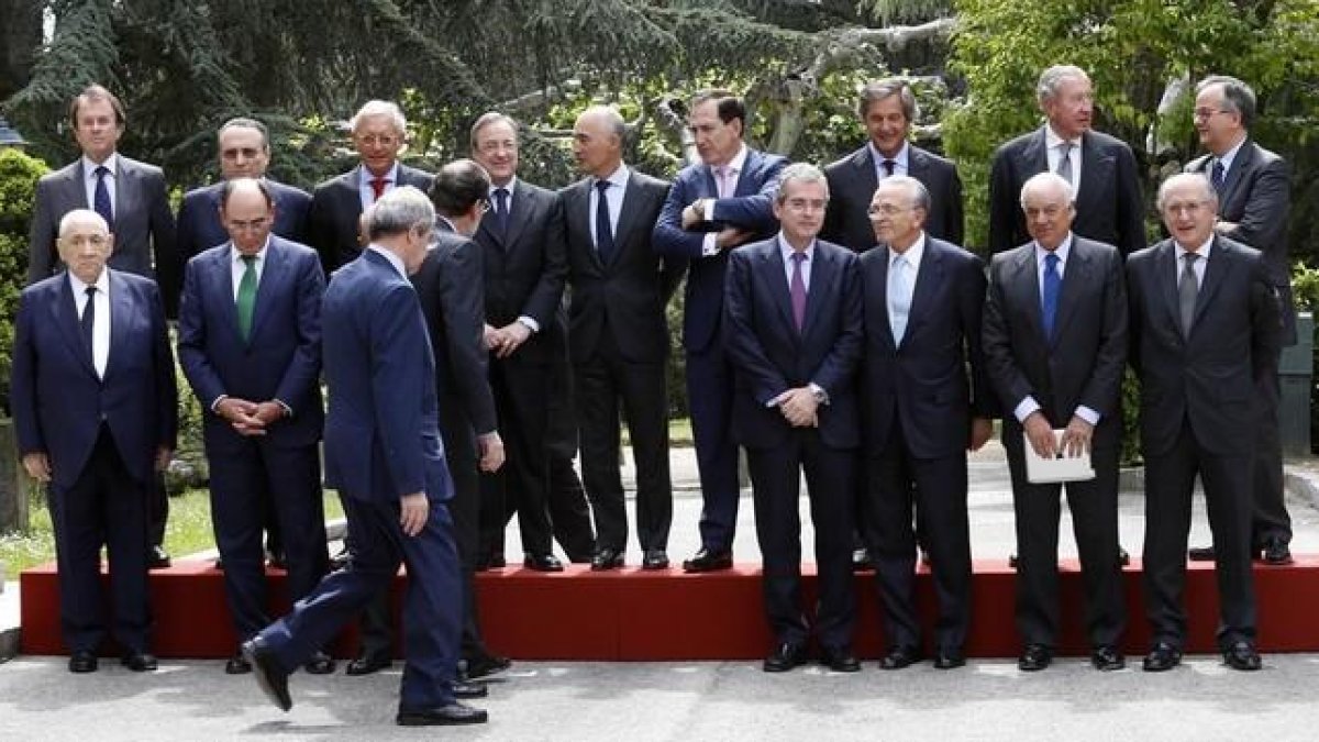 Miembros del Consejo Empresarial de la Competitividad en mayo del 2014, tras un almuerzo ofrecido en La Moncloa por el presidente del Gobierno, Mariano Rajoy.