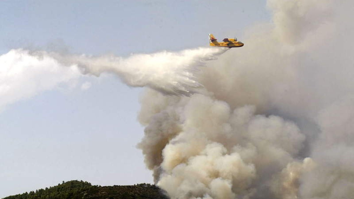 Un hidroavión realiza una descarga en el incendio de La Torre de les Maçanes, en Alicante.