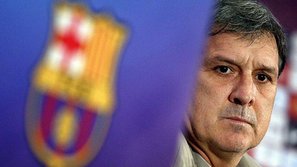 Gerardo 'Tata' Martino, durante la rueda de prensa de su presentación, en la sala de prensa del Camp Nou.