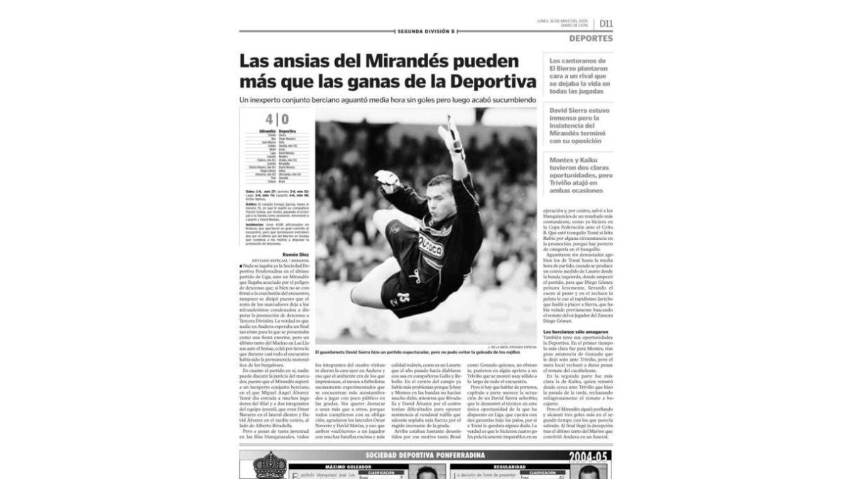 Así contó Diario de León la inservible goleada del Mirandés en el 2005. DL