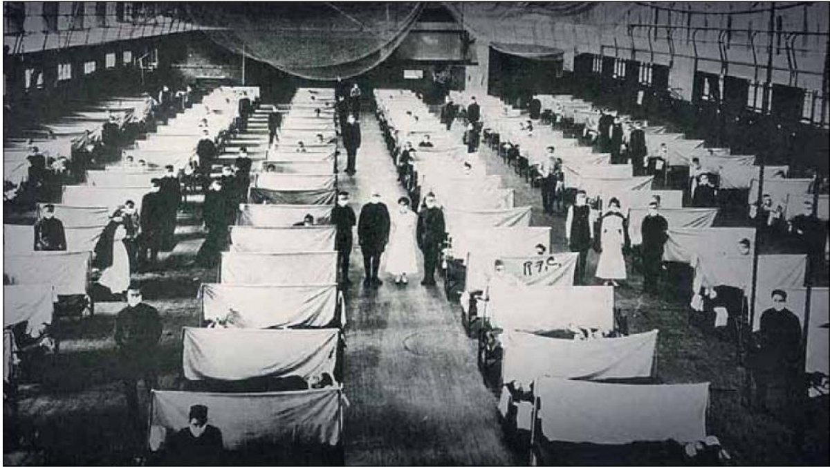 Imagen de un improvisado hospital para los enfermos de la gripe española en una estación de tren
