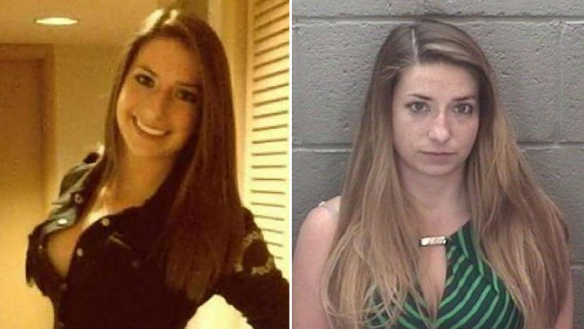 La profesora de matemáticas Erin Elizabeth McAuliffe en una imagen de Facebook, a la izquierda, y tras ser detenida por la policía de Rocky Mount, a la derecha.