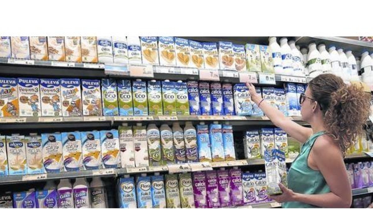 Una clienta elige leche entre la gran variedad de oferta del supermercado.