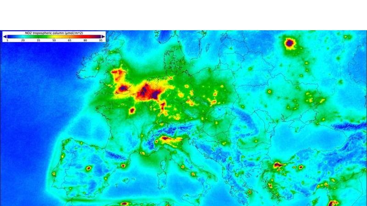 Niveles de monóxido y nitrógeno en Europa captados por el satélite Sentinel P5. ESA