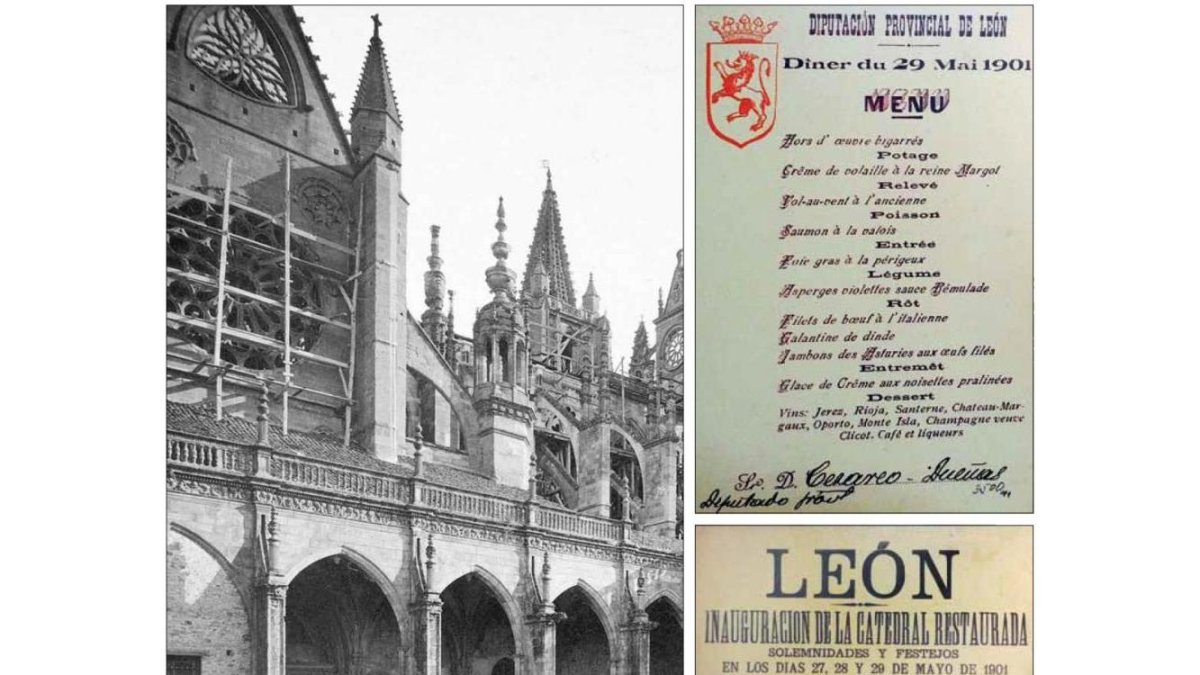 Imagen de la restauración del XIX; el menú de la Diputación para la reapertura y el anuncio del evento. ARCHIVO