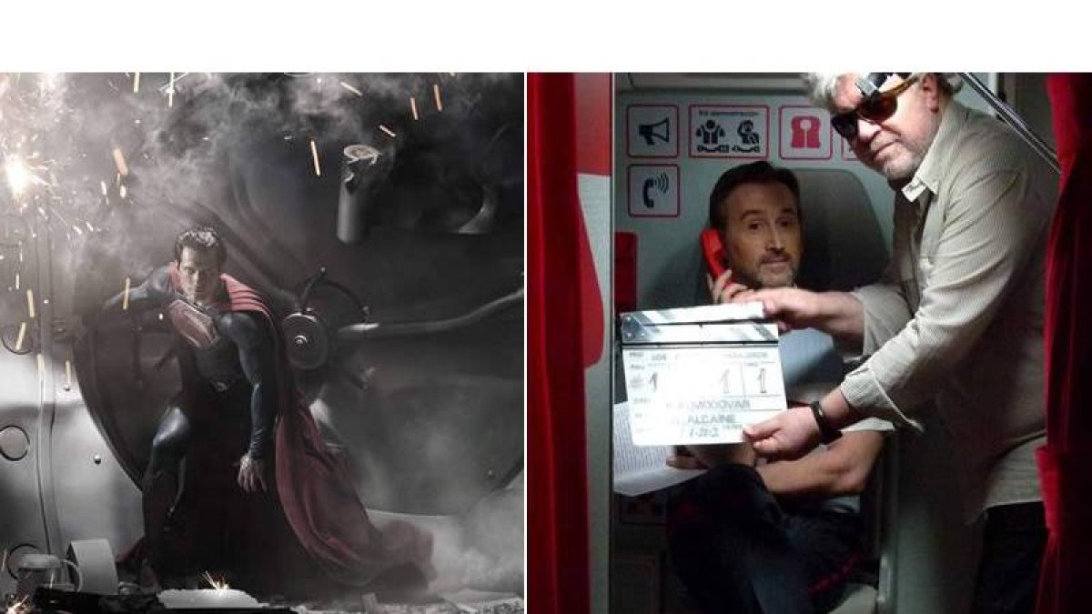 Henry Cavill como Superman en la nueva película de la saga, ‘El hombre de acero’, y Almodóvar con Javier Cámara en el rodaje de ‘Los amantes pasajeros’.