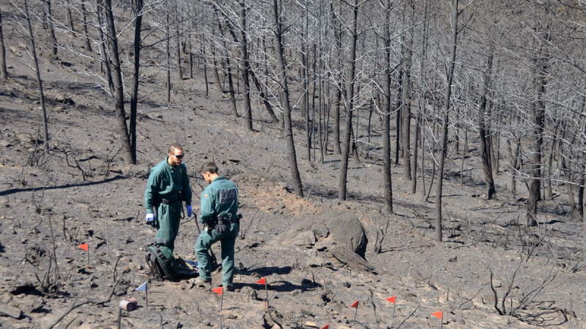 Operarios de la Guardia Civil durante la investigación sobre las causas del incendio.