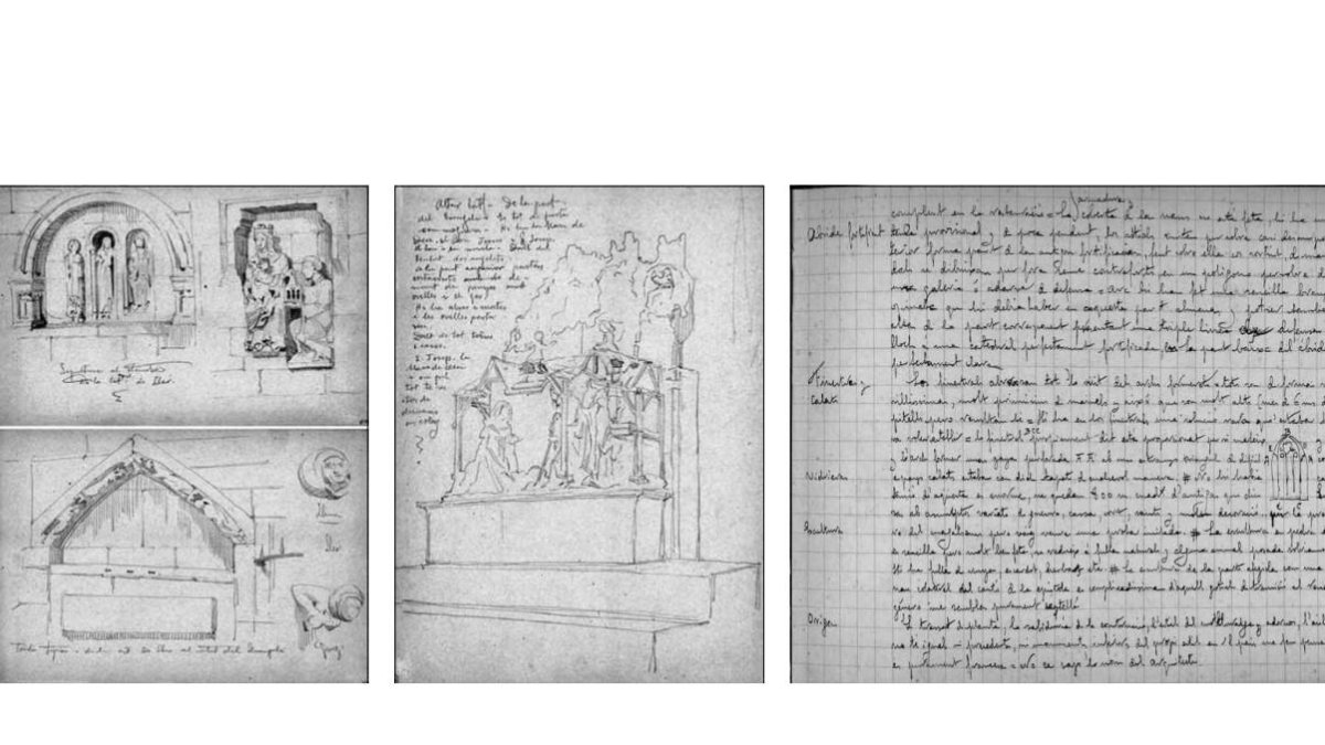 Tres dibujos de la Catedral realizados por Rafael Masó y, a la derecha, una página del dietario de Luis Doménech Montaner. ARCHIVO HISTÓRICO DEL COLEGIO DE ARQUITECTOS