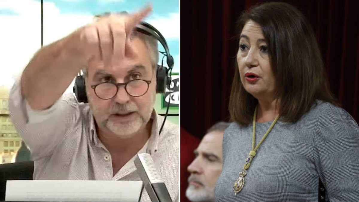 Carlos Alsina (a la izquierda) en su programa de radio en el que criticó el discurso de Francina Armengol (a la derecha) en la apertura de la XV legislatura del pasado miércoles. ONDA CERO/CHEMA MOYA (EFE)
