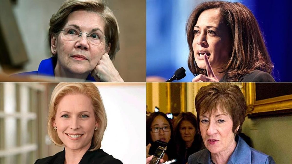 La izquierda a derecha i de arriba a abajo: Elizabeth Warren, Kamala Harris, Kirsten Gillibrand y Susan Collins.
