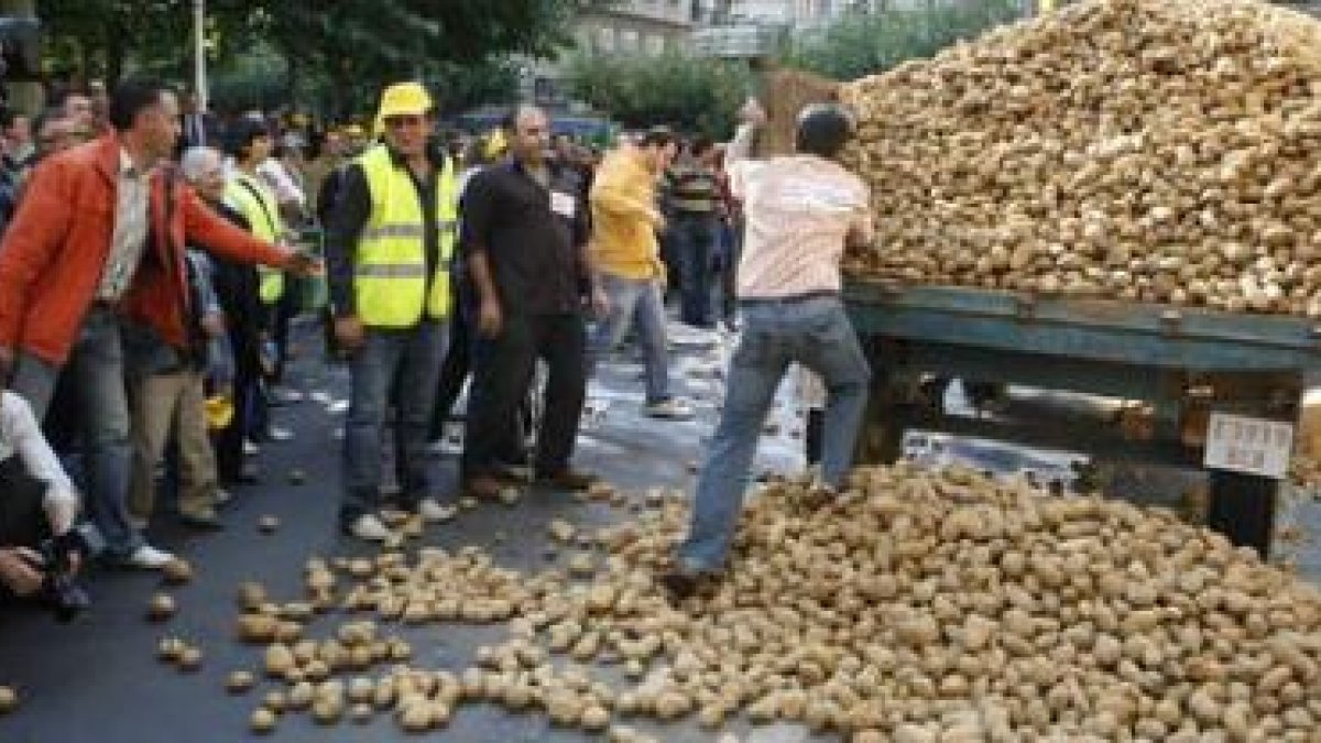 Última protesta agraria en León en otoño; patatas por el suelo para protestar por la caída de precio