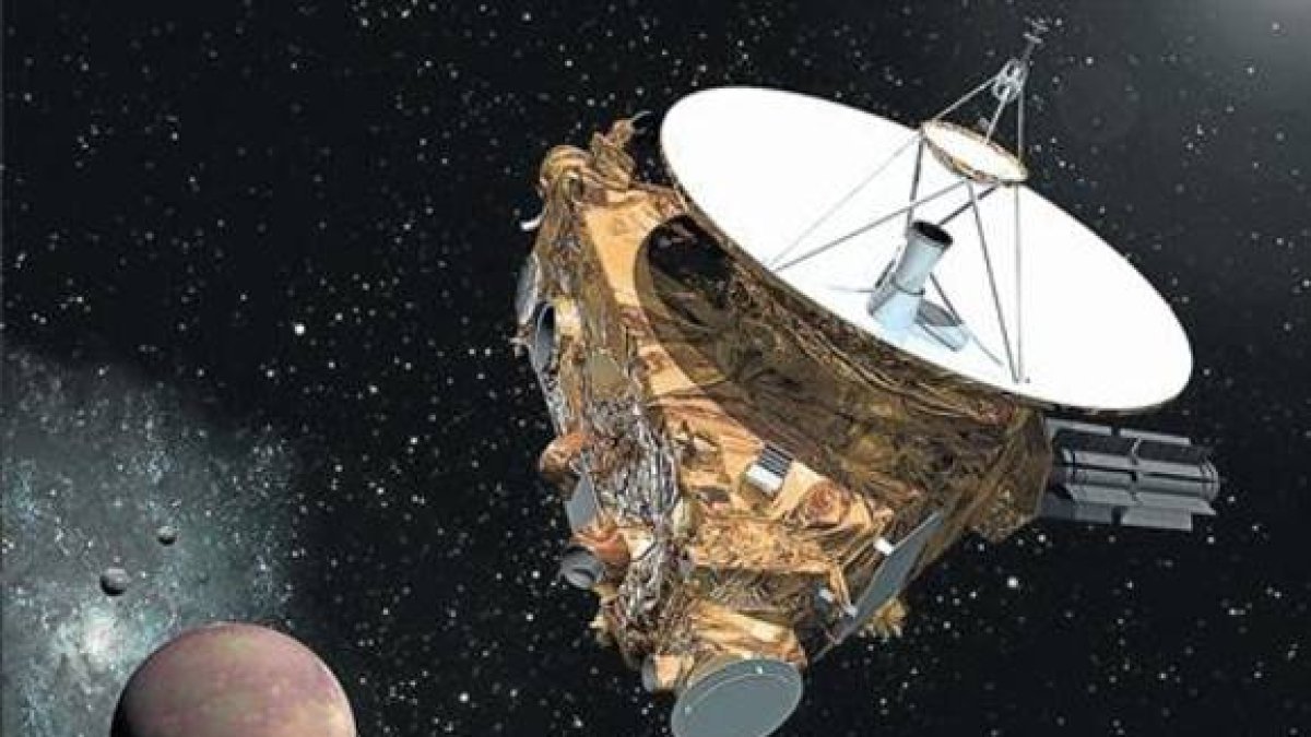 Simulación artística de la sonda 'New Horizons' en las proximidades de Plutón con tres de sus cinco satélites, incluido el gigante Caronte.