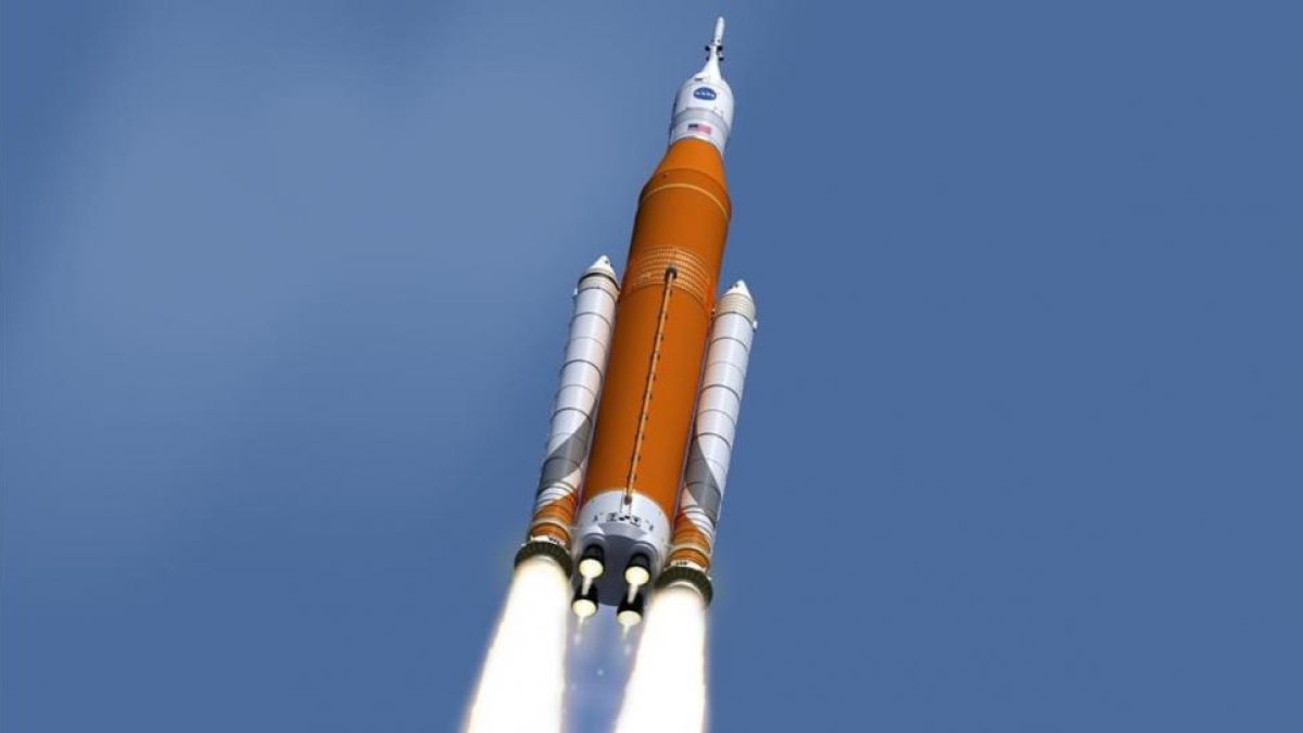 Recreación virtual del lanzamiento del supercohete 'SLS'.