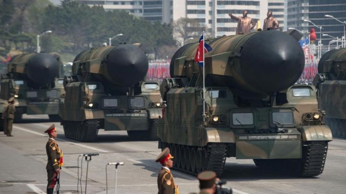 Misiles en el desfile militar del pasado 15 de abril en Pionyang, en Corea del Norte