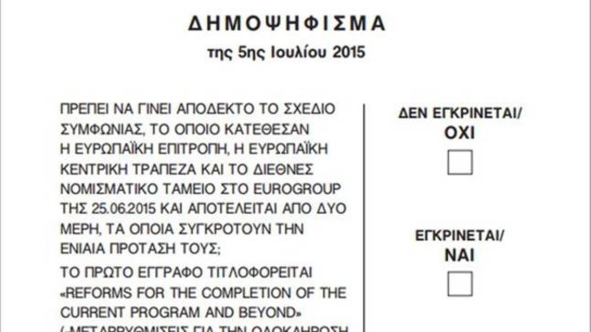 La papeleta del referéndum que se celebrará en Grecia este domingo.