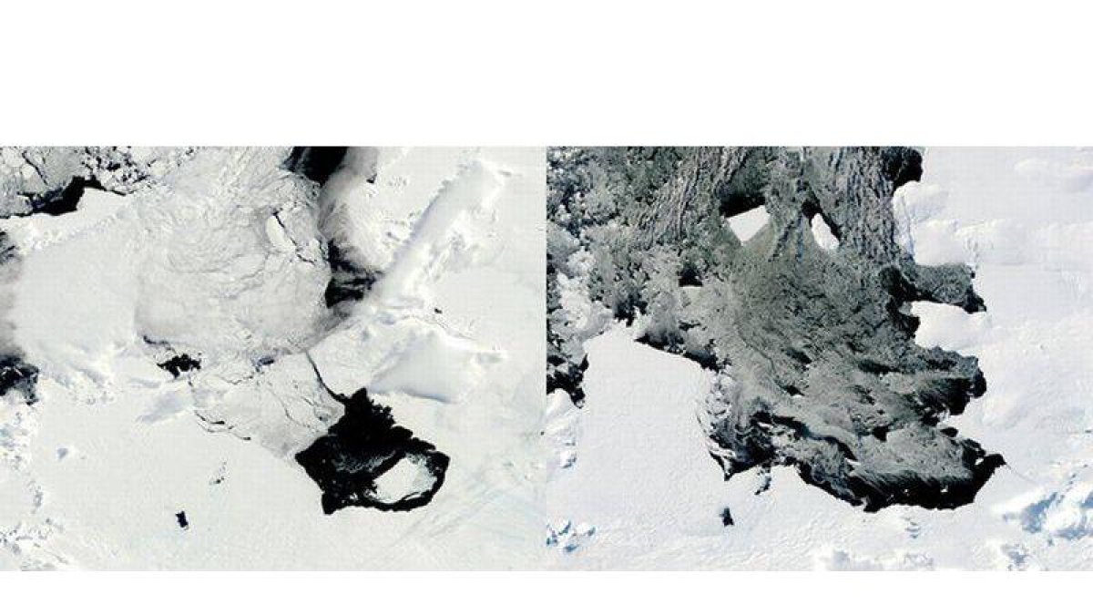 Imágenes de la NASA en el que el iceberg se desprende del Antártico.