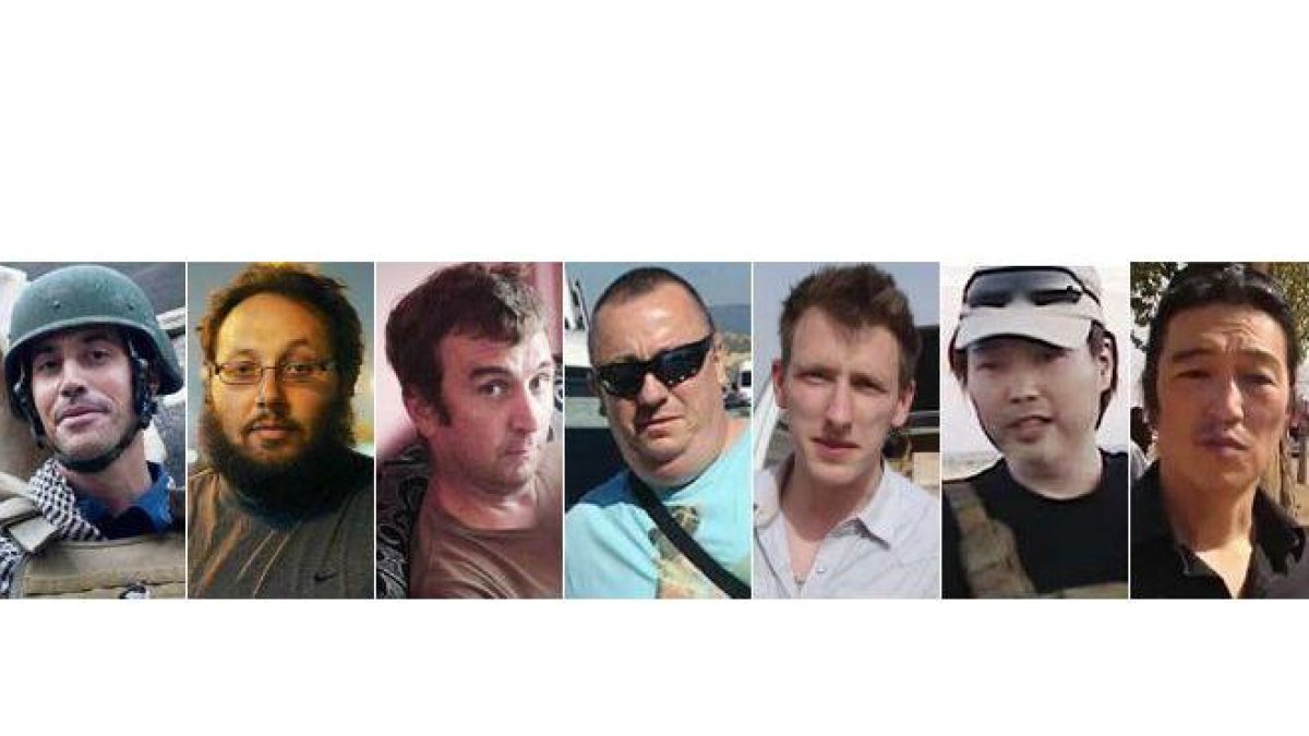 Las víctimas de John. De izquierda a derecha, James Folley, Steven Sotloff, David Hainess, Alan Henning, Peter Kassig, Haruna Yukawa y Kenji Goto.