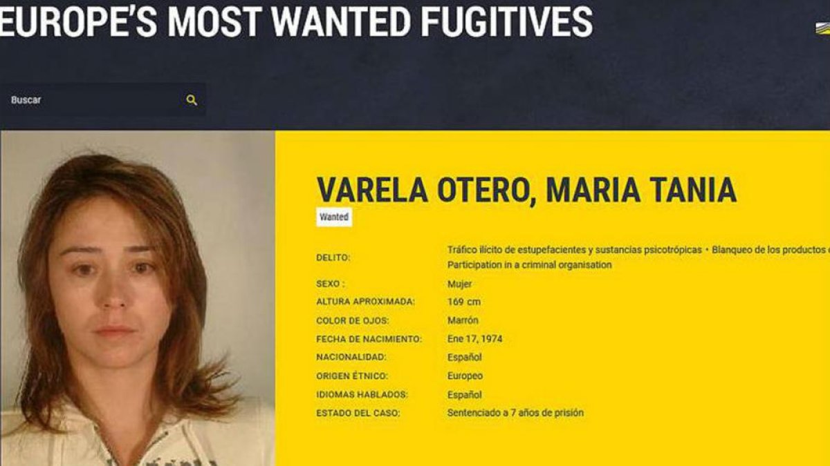 El pasquín de Europol sobre Tania Varela, la mujer más buscada de Europa hasta su caída esta semana.