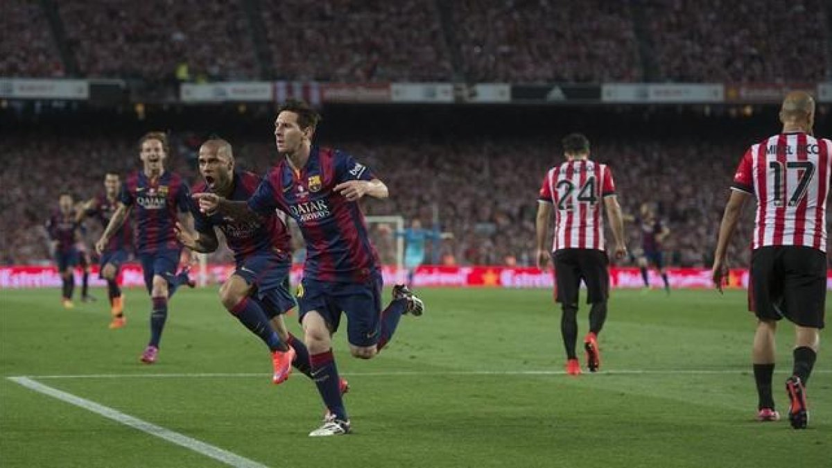 Messi celebra el primer gol del Barça en la final de la Copa del Rey ante el Athletic.