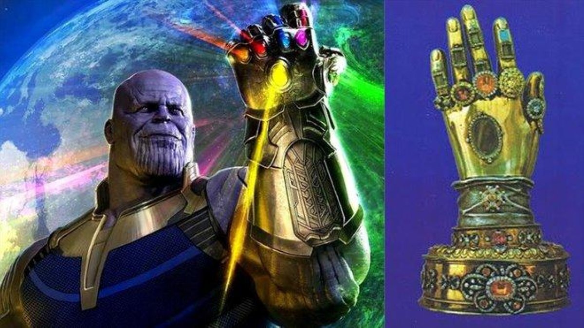 A la izquierda, Thanos con el guantelete del infinito y a la derecha, el relicario con la mano incorrupta de santa Teresa.