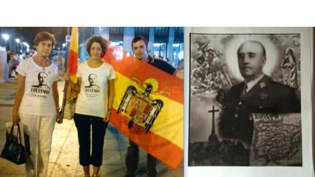 Pilar Gutiérrez, primera por la izquierda, en una manifestación franquista en Madrid en 2015. A la derecha, la estampita o logotipo con que ilustran los testimonios que recoge la postulación en favor de la canonización de Franco.