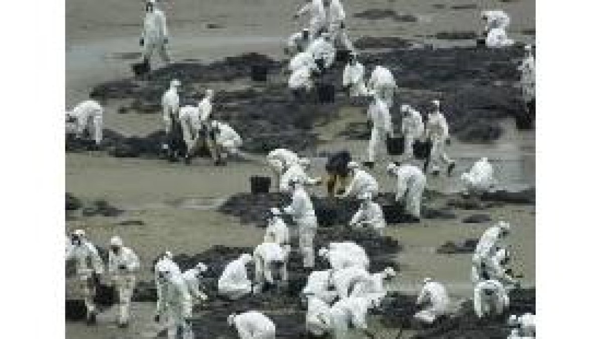 Un grupo de voluntarios llagados de Bilbao se afana en limpiar la playa de Nemiña